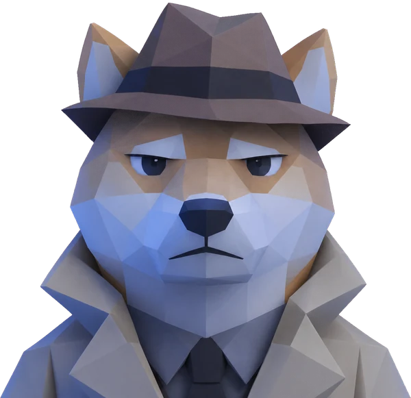 The scanner: a low poly shiba inu detective in a coat and hat, looking straight ahead.